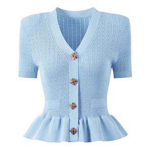 Cardigan en maille pour femme, design élégant, respirant, col en V, manches courtes ajourées, à volants, décontracté, blanc, noir, boutonné, uni - Product Image 4