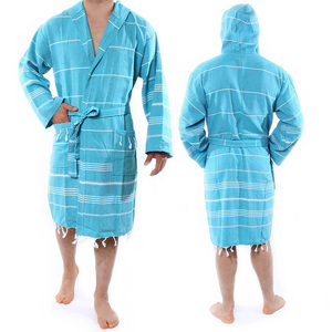 Turkish Unisex Casual Luxury <b>Woven</b> Pestemal Bathrobe 100% Cotton Hooded Striped Pattern Plus Size Elegant Quick Dry Breathable - Product Image 1