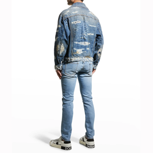 Blouson Bomber en Jean Homme Personnalisé, Effet Vieilli et Déchiré, Coupe Oversize, Ourlet Effiloché, Patchwork, Écologique, Vente en Gros - Product Image 6