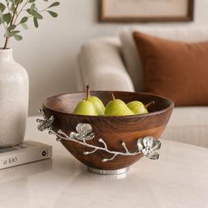 Handcrafted Premium Wooden Salad Bowl with Silver Metal Orchid Flower Accent Elegant Solid Wood Serving Bowl for <b>Wedding</b> Gifts - Product Image 2
