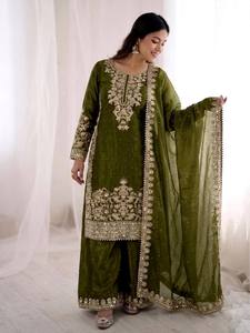 Heavy Embroidered <b>Silk</b> Kurta Palazzo Set Olive <b>Green</b> Floral Beaded Salwar Kameez for Wedding Party Graduation Diwali Spring - Product Image 4