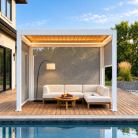 Pergola en aluminium pour extérieur, au bord de la piscine, avec écrans d'ombrage rétractables et éclairage LED pour espace de réception dans la cour.