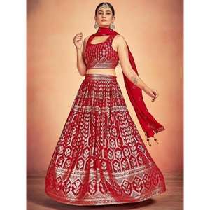 Beautiful <b>Red</b> Sequins Georgette Wedding Wear <b>Lehenga</b> Choli With Dupatta - Product Image 5