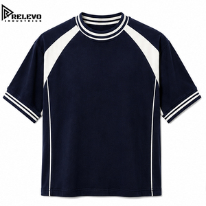 T-shirt Homme Rayé à Manches Raglan et Col Côtelé, Panneau Contrastant aux Épaules, Coupe Oversize, Coton Lourd 100% Lavé - Product Image 1