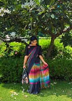 Saree Linen Sutra Hitam Wanita Dengan Pinggiran Berwarna-warni Pakaian Tradisional Etnik Untuk Acara Santai Gaya India Pakistan