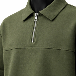 เสื้อโปโลผู้ชายสีเขียวมะกอกแบบซิปสั่งทำพิเศษ (OEM) ทรงโอเวอร์ไซส์ แขนสั้น สไตล์ลำลอง สตรีทแวร์ ขายส่งจำนวนมากจากผู้ผลิตเสื้อโปโลผู้ชาย - Product Image 6