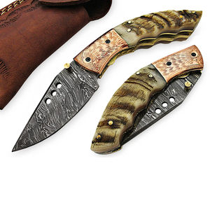 Couteau de poche pliant à double lame en acier Damas de haute qualité, fait main sur mesure, service OEM, pour le camping avec étui - Product Image 1