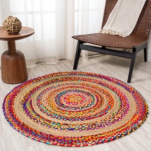 Tapis rond bohème en jute fait main, motif abstrait multicolore, à poils ras, pour la décoration du salon - Product Image 5