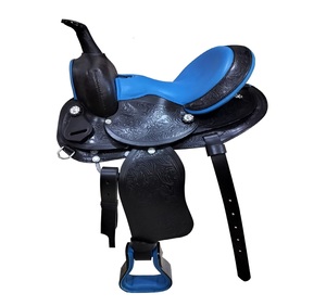Selle Western en cuir bleu pour enfant, confortable, avec arceau en bois et quincaillerie nickelée, emballage personnalisé - Product Image 1