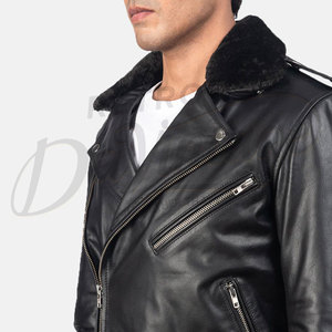 Veste de motard en cuir noir premium pour homme, en véritable peau de mouton, avec fermeture éclair asymétrique et col en fausse fourrure amovible - Product Image 2