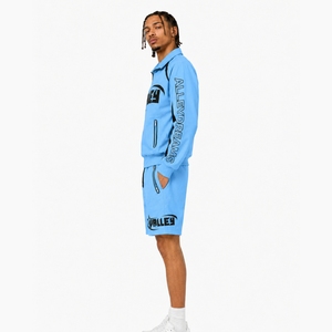 Trendy Custom Logo Polyester Breathable Spring Satin Lightweight Color Blocking Men Windbreaker Jacket and Shorts Set - Product Image 4