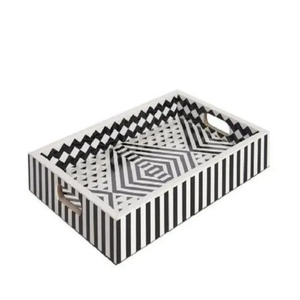<b>Black</b> And White Geometric Bone Inlay Serving <b>Tray</b> Premium Resin Wood Decorative Ottoman <b>Tray</b> For Coffee Table and Hotel Supply - Product Image 1
