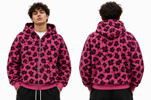 Pink Floral Print Zip Up Hoodie Men Oversized Streetwear Pullover Jacket with Pocket Winter Sweatshirt - Product Image 5