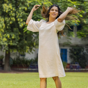 Robe maxi en coton et lin style bohème, longueur genou, col rond, manches 3/4, ample, confortable, décontractée, mini-robe - Product Image 1