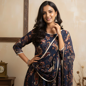 Conjunto de Kurta y Dupatta Estampados Azul Marino para Fiestas, Tela Georgette, Dupatta Estampada para Mayoristas - Product Image 1