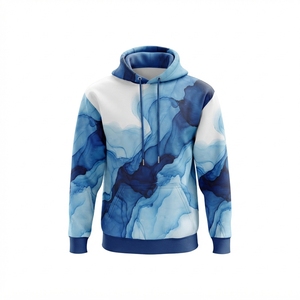Sudadera con Capucha Azul y Blanca para Hombre con Estampado Abstracto de Acuarela, Bolsillo Tipo Canguro, Sudadera Personalizada de Estilo Urbano - Product Image 3