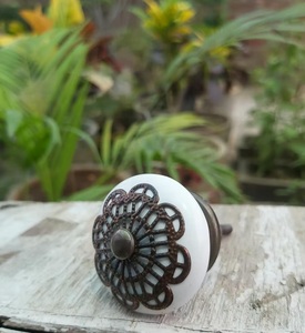 <b>Ceramic</b> Cabinet <b>Knob</b> Round Traditional Design Antique Brass Filigree Flower Handle for Drawer Storage Closet - Product Image 6