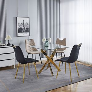 Tavolo da pranzo quadrato moderno con gambe in metallo a croce in vetro temperato salvaspazio per cucina e soggiorno cromato e gambe dorate - Product Image 6