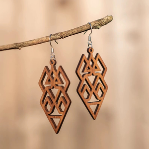 <b>Wooden</b> Geometric Earrings <b>Laser</b> <b>Cut</b> Tribal Pattern Drop Earrings Natural Brown Color Handmade Jewelry - Product Image 1