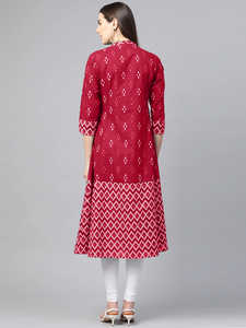 Kurta/Kurti Corta de Verano para Mujer, Estampado Geométrico Ikat de Algodón, Cuello con Solapa Roja, Manga Tres Cuartos, Secado Rápido, Protección Solar - Product Image 6