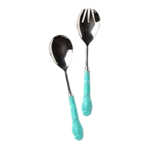 Ensemble de 2 cuillères à salade en acier inoxydable avec manche rustique vert, ustensiles de service modernes pour cuisine, prix de gros - Product Image 1