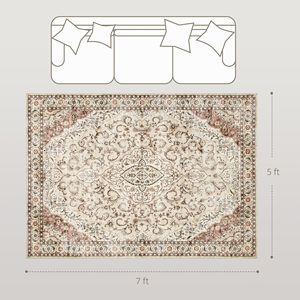 Tappeto Classico con Stampa Floreale 5x7, Antiscivolo, Lavabile in Lavatrice, Tappeto Marrone Misto per Soggiorno e Camera da Letto - Product Image 3