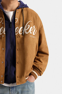 Seeker Unisex Solid Coated <b>Suede</b> Mandarin Collar Varsity <b>Jacket</b> Embroidered Letter Logo Front Casual Winter Wear - Product Image 3
