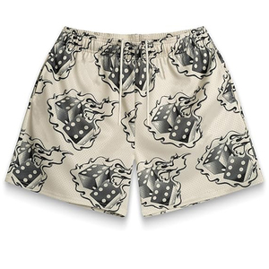 Shorts de basketball beiges personnalisés pour hommes avec logo frontal pour impression flamme, en tissu mesh sublimé respirant et taille élastique - Product Image 1