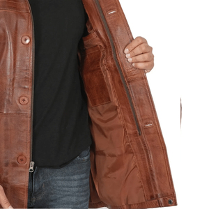 <b>Men's</b> Brown Genuine <b>Leather</b> <b>Long</b> <b>Coat</b> Turn-down Collar Single Breasted Casual Autumn Jacket - Product Image 5