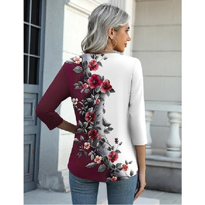 Blusa Casual Personalizada para Mujer, Holgada, con Estampado Floral, Manga 3/4, Cuello Redondo, Bloques de Color, para Primavera, Verano y Otoño - Product Image 3