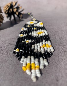 Daisy Bead Fringe <b>Earrings</b> - Boho Black fringe <b>earrings</b> - long beaded <b>earrings</b> - handmade beadwork <b>earrings</b> - boho bead flowers - Product Image 4