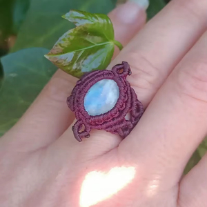 Rainbow Moonstone Macrame <b>Ring</b> Handmade Adjustable Burgundy Cord Boho Gemstone <b>Statement</b> <b>Ring</b> for Women - Product Image 1