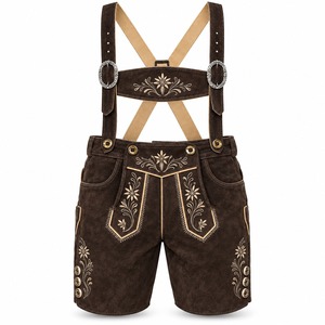Shorts Lederhosen légers marron brodés pour hommes, bretelles croisées au dos, taille mi-haute, fermeture boutonnée, style décontracté, pour le printemps et toutes les saisons - Product Image 1