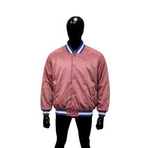 Veste de baseball en satin rose avec col, poignets et ourlet côtelés rayés bleus et blancs, qualité supérieure, pour homme. - Product Image 1