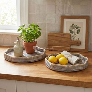 Rectangle Scalloped Rattan Storage Tray Scalloped Edge Bohemian Design Sustainable Multifunction for <b>Table</b> Kitchen Neatening - Product Image 2