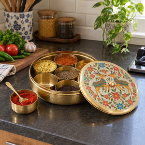 Elegant Dear Printed Design Brass Masala Dabba Spice <b>Box</b> <b>with</b> Floral Engraved <b>Lid</b> Handmade Kitchen Storage Container - Product Image 2