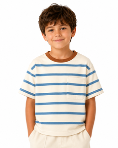 Camiseta a Rayas para Niños, Informal, de Verano, de Algodón Suave, de Manga Corta, con Estampado de Rayas Azules, Cómoda - Product Image 1