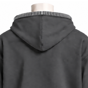 Charcoal Gray Stitched Border Distressed Pullover <b>Hoodie</b> <b>Oversized</b> Sweatshirt Contrast <b>Stitch</b> Kangaroo Pocket Casual Streetwear - Product Image 4