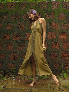Vestido Halter Boho Hecho a Mano, Vestido Largo de Algodón con Estampado de Bloques Vintage, Vestido Artesanal con Estampado Geométrico en Tonos Tierra Marrones - Product Image 5