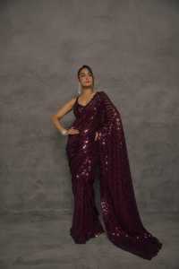 Sari en Faux Georgette de 5 mm avec Broderie de Sequins et Pièce de Blouse Assortie, Idéal pour les Tenues de Soirée de Créateur - Product Image 1