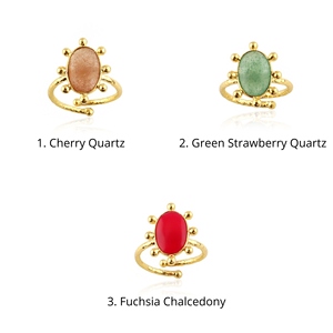 Green Strawberry Quartz Cherry Quartz Oval Gemstone <b>Ring</b> Brass 18k Gold Plated Beaded Designer Texture Band <b>Adjustable</b> <b>Rings</b> - Product Image 1