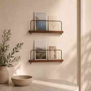 Étagères murales modernes en bois d'acacia sur mesure avec barre en acier inoxydable pour affichage de photos, polaroids et cartes postales (Lot de 4 Marron) - Product Image 4