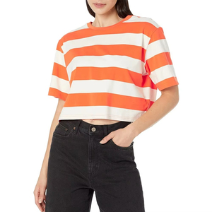 T-shirt court sur mesure de qualité supérieure pour femmes, coupe ample, design rayé, en coton. - Product Image 1