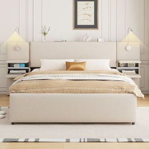 Letto matrimoniale imbottito in velluto beige con luci da lettura, cassetti, letto estraibile e mensole - Product Image 1