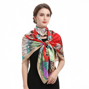 Sciarpa Quadrata Grande in <span class=keywords><strong>Seta</strong></span> Satinata con Motivo di Foglie Tropicali Rosse Personalizzata per Donna, Moda Estiva, Coprispalle, Hijab, Scialle - Product Image 1