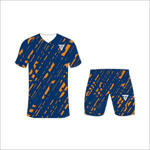 ชุดฟุตบอลแบบซับลิเมชั่นสั่งทำพิเศษสำหรับผู้ชาย พร้อมเสื้อพิมพ์ลายสีน้ำเงินเข้มและสีส้มแบบสาด และกางเกงขาสั้นเข้าชุด - Product Image 4