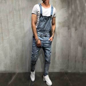 Nouvelle Arrivée Salopette Homme Ample Taille Haute Couleurs Unies Respirante Coupe Droite Décontractée en Jean Denim - Product Image 4