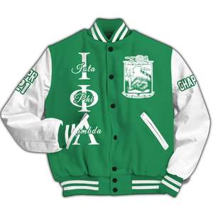 Chaqueta Universitaria Personalizada Iota Phi Lambda para Mujer, Color Verde Esmeralda, Letras Blancas, Escudo, Número, Año, Chaqueta Bomber de la Hermandad - Product Image 5
