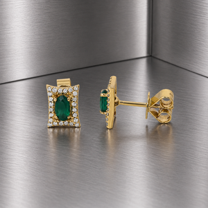 Luxury Oval <b>Emerald</b> Gemstone & Round Diamond <b>Stud</b> Earrings Women Rhodium Plated Trendy 10K 14K 18K Gold 925 935 Silver - Product Image 1