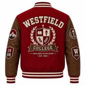 Westfield College Varsity Jacke für Herren, Rot, Wollstoff mit Lederärmeln, Besticktes Patch-Design, Preppy-Stil, Umlegekragen, Herbst - Product Image 5